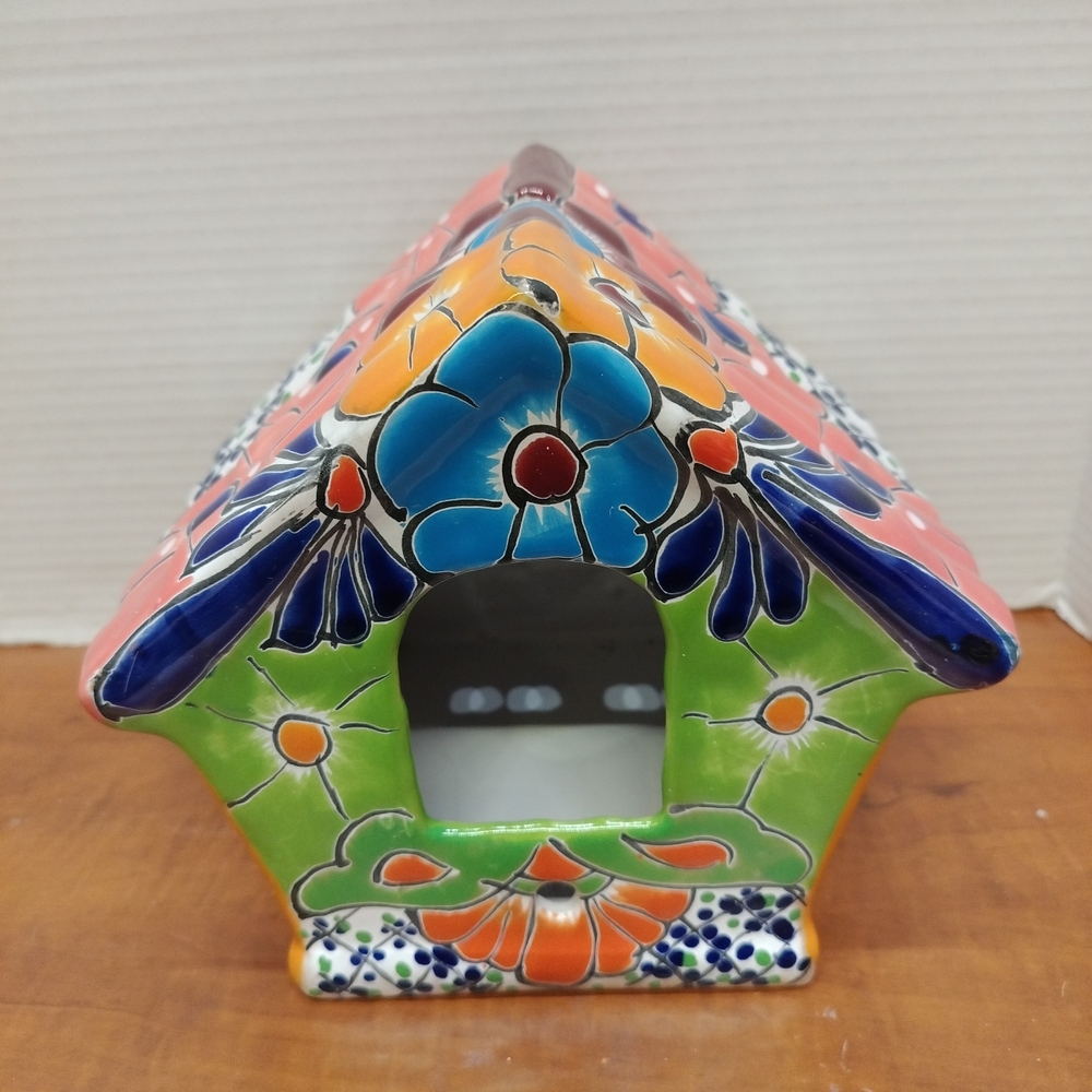 Hand-Painted Ceramic Decorative Birdhouse in Green, Blue, Pink and Orange